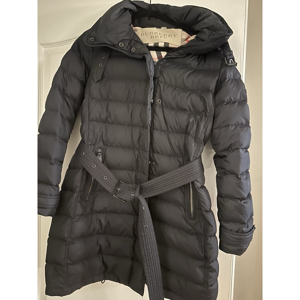 Burberry Brit Women Winterley Black Belted Hooded Down Puffer Coat L Check Lined